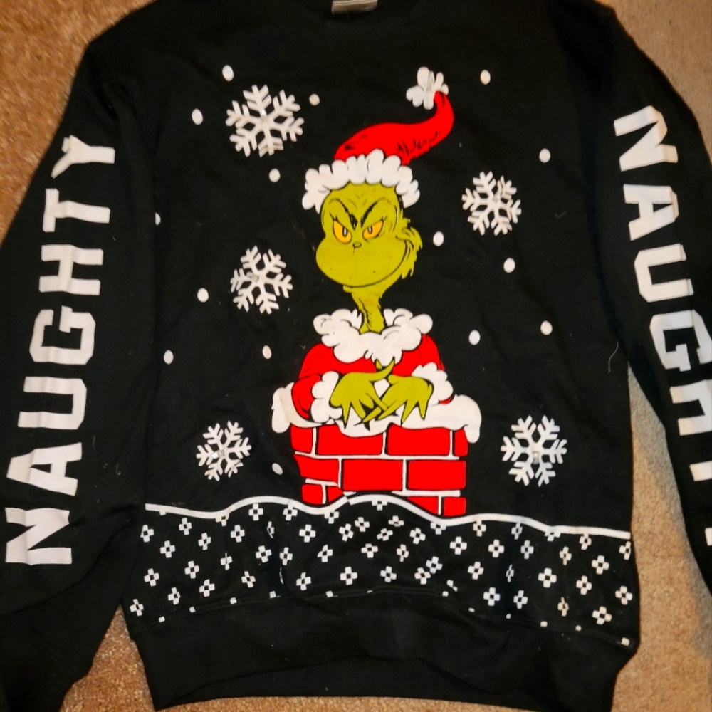 Grinch Christmas shirt, says naughty on the sleeves, lights up and change colors